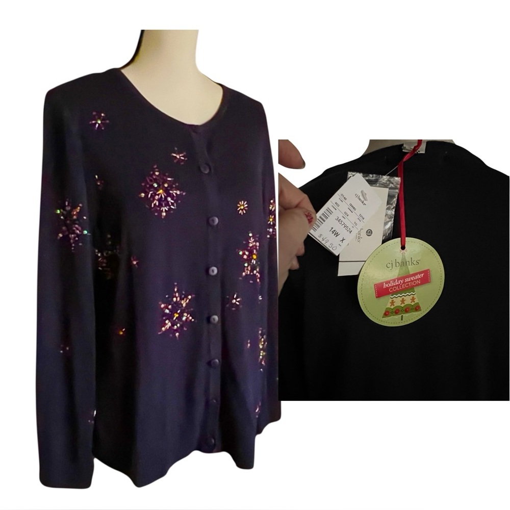VTG. New with tags CJ Banks Beads sequin Snowflake Sweater Cardigan. Size 14W.